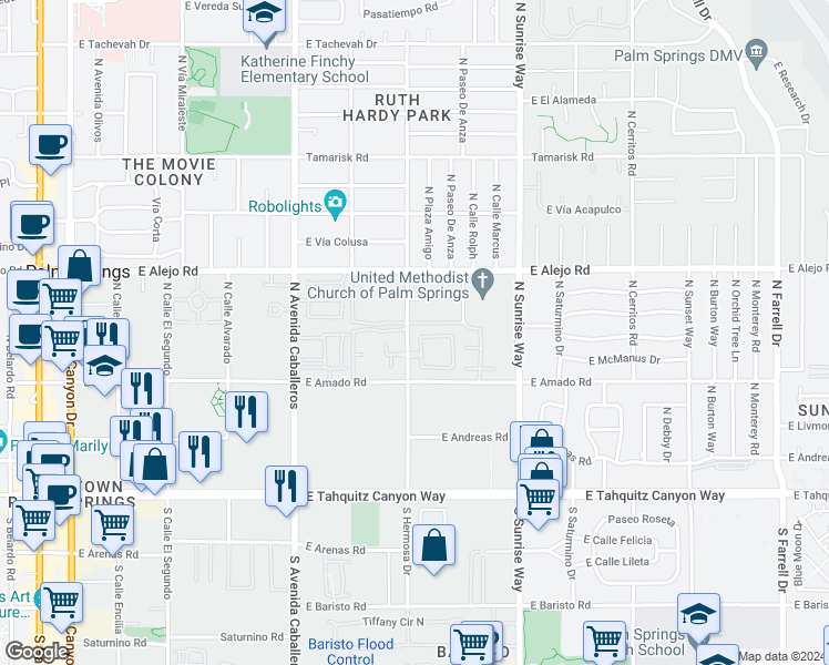map of restaurants, bars, coffee shops, grocery stores, and more near 1402 Yermo Drive North in Palm Springs