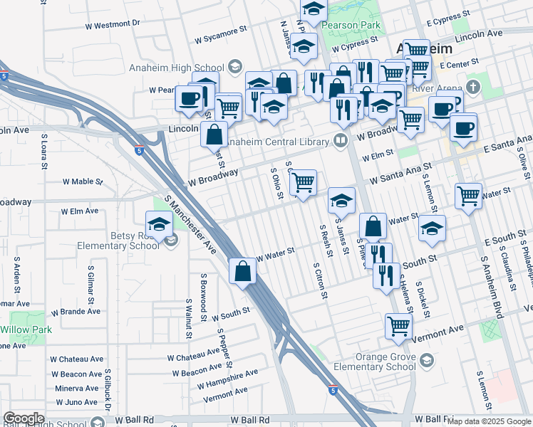 map of restaurants, bars, coffee shops, grocery stores, and more near 930 West Santa Ana Street in Anaheim