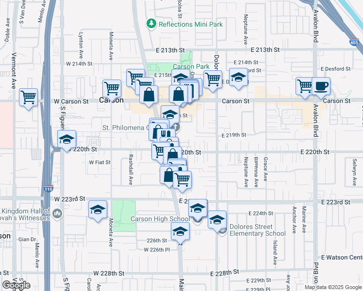 map of restaurants, bars, coffee shops, grocery stores, and more near 161 East 220th Street in Carson