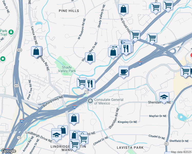 map of restaurants, bars, coffee shops, grocery stores, and more near 2700 Buford Highway Northeast in Atlanta