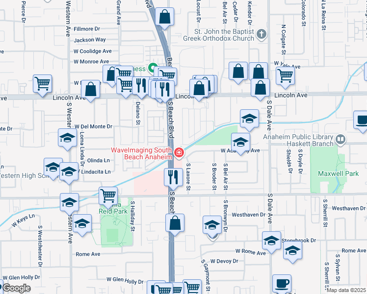map of restaurants, bars, coffee shops, grocery stores, and more near 2942 West Floyd Avenue in Anaheim