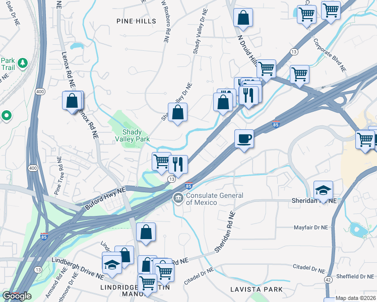 map of restaurants, bars, coffee shops, grocery stores, and more near 2700 Buford Highway Northeast in Atlanta