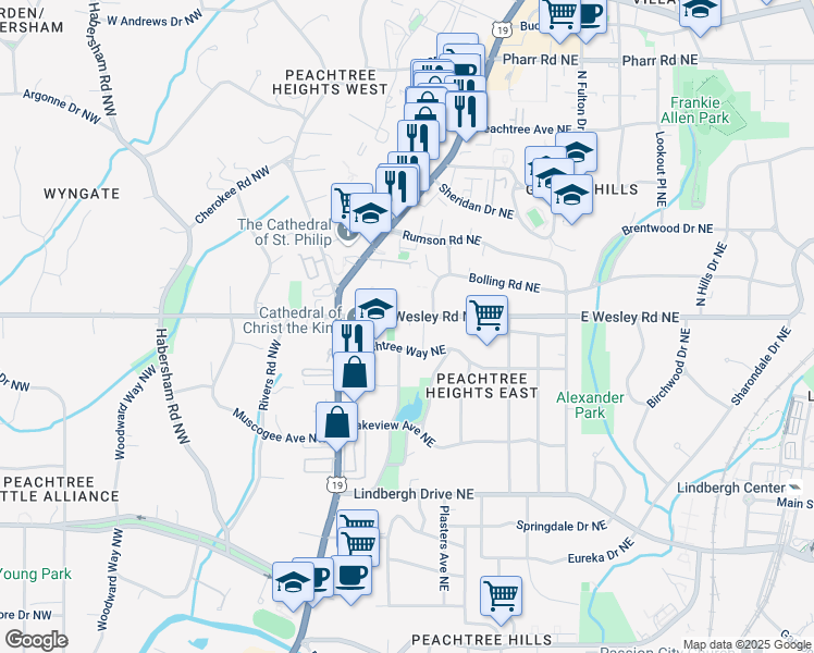 map of restaurants, bars, coffee shops, grocery stores, and more near 58 Peachtree Way Northeast in Atlanta