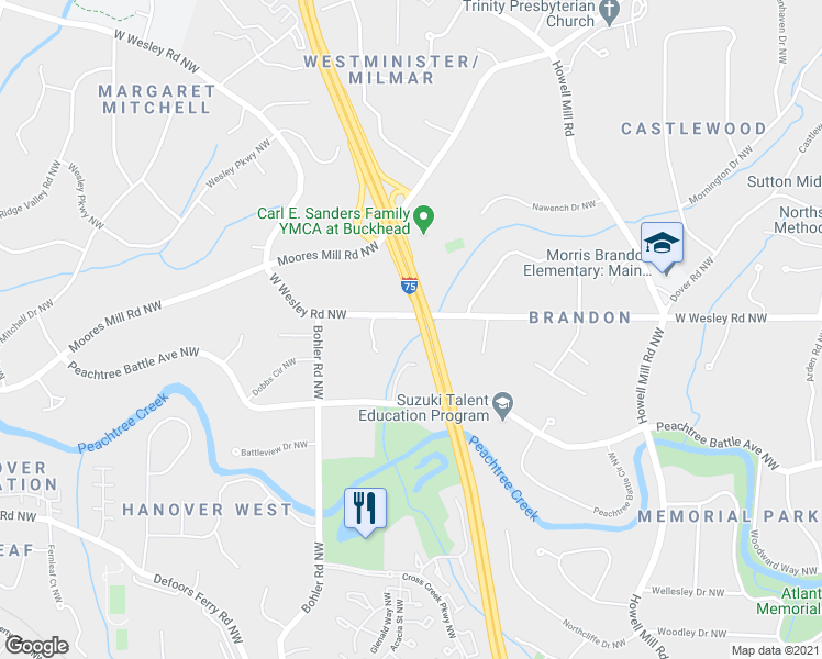 map of restaurants, bars, coffee shops, grocery stores, and more near 1172 West Wesley Road Northwest in Atlanta