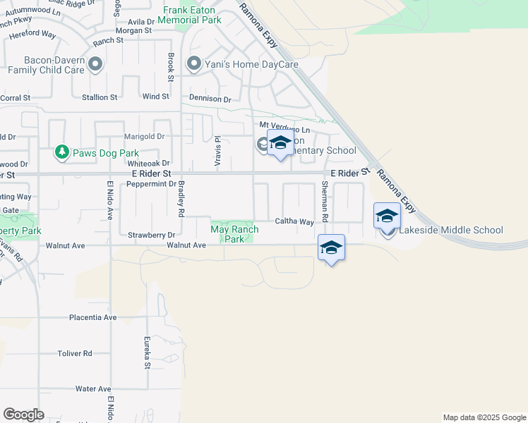 map of restaurants, bars, coffee shops, grocery stores, and more near 3045 Gazania Drive in Perris