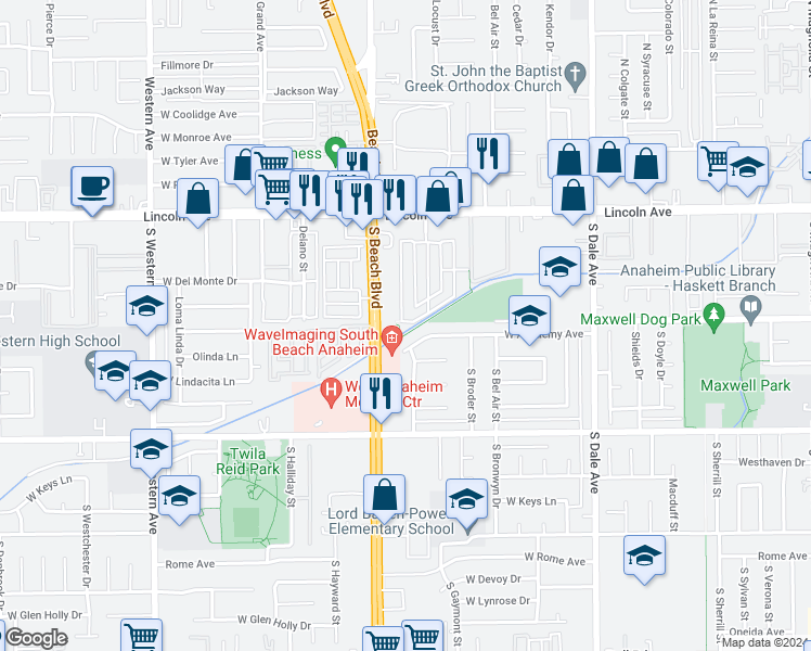 map of restaurants, bars, coffee shops, grocery stores, and more near 2942 West Floyd Avenue in Anaheim