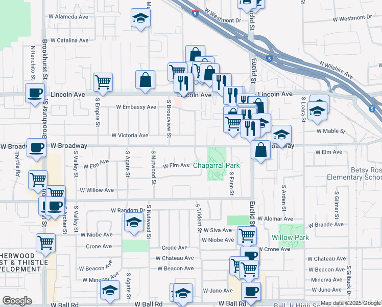 map of restaurants, bars, coffee shops, grocery stores, and more near 307 South Florette Street in Anaheim