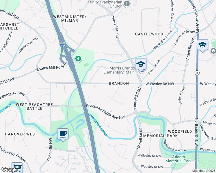 map of restaurants, bars, coffee shops, grocery stores, and more near 1010 West Wesley Road Northwest in Atlanta