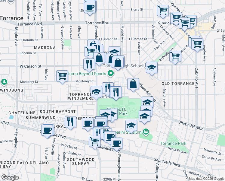 map of restaurants, bars, coffee shops, grocery stores, and more near 2349 Jefferson Street in Torrance