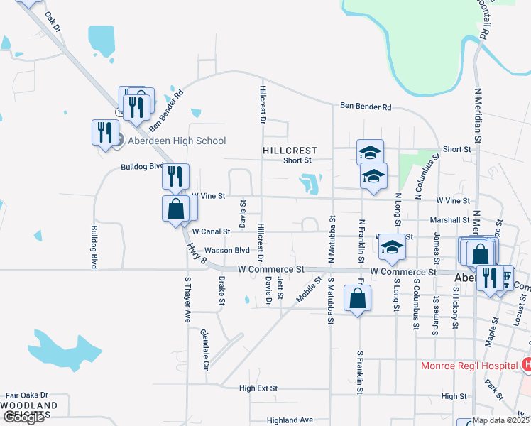 map of restaurants, bars, coffee shops, grocery stores, and more near 308 Hillcrest Drive in Aberdeen