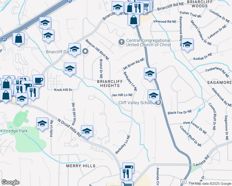map of restaurants, bars, coffee shops, grocery stores, and more near 1830 Jan Hill Lane Northeast in Atlanta