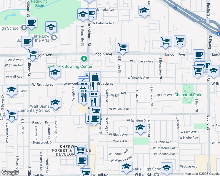 map of restaurants, bars, coffee shops, grocery stores, and more near 2125 West Valley Place in Anaheim