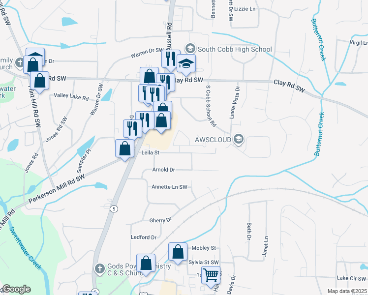 map of restaurants, bars, coffee shops, grocery stores, and more near 1933 Lelia Street in Austell