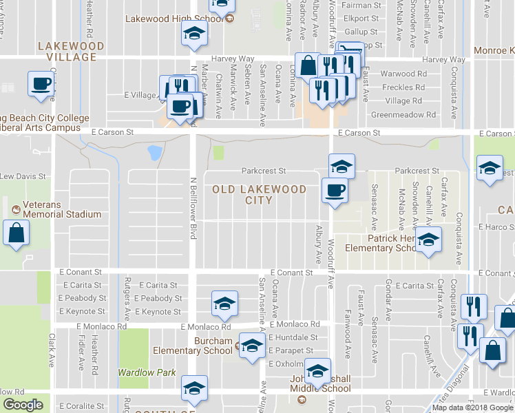 map of restaurants, bars, coffee shops, grocery stores, and more near 3823 San Anseline Avenue in Long Beach
