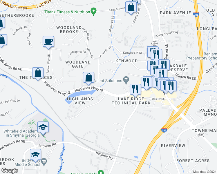 map of restaurants, bars, coffee shops, grocery stores, and more near 3614 Highlands Parkway Southeast in Smyrna
