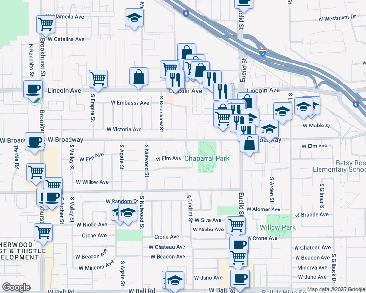 map of restaurants, bars, coffee shops, grocery stores, and more near 307 South Florette Street in Anaheim