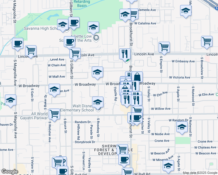 map of restaurants, bars, coffee shops, grocery stores, and more near 9301 Thistle Road in Anaheim
