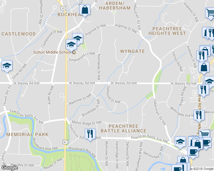 map of restaurants, bars, coffee shops, grocery stores, and more near 430 West Wesley Road Northwest in Atlanta