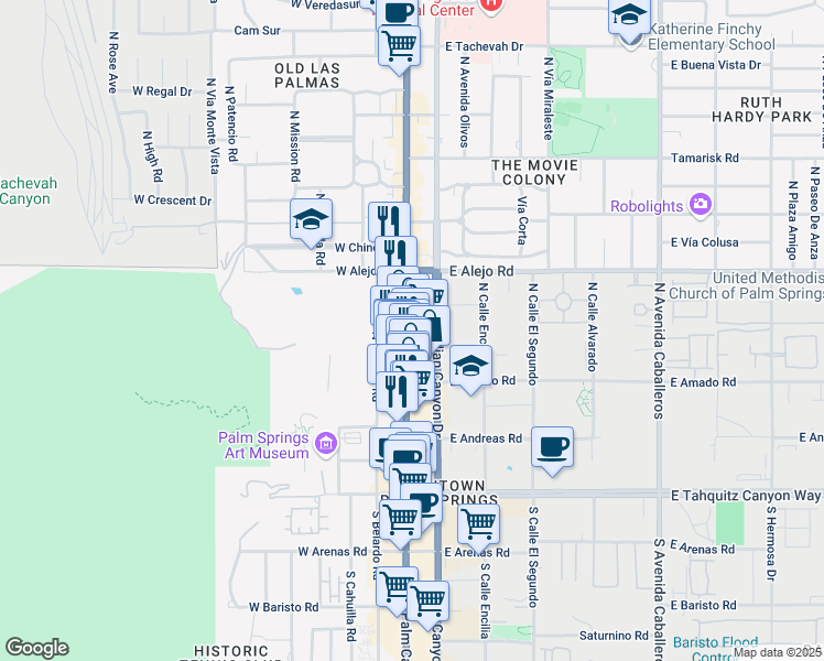 map of restaurants, bars, coffee shops, grocery stores, and more near 369 North Palm Canyon Drive in Palm Springs