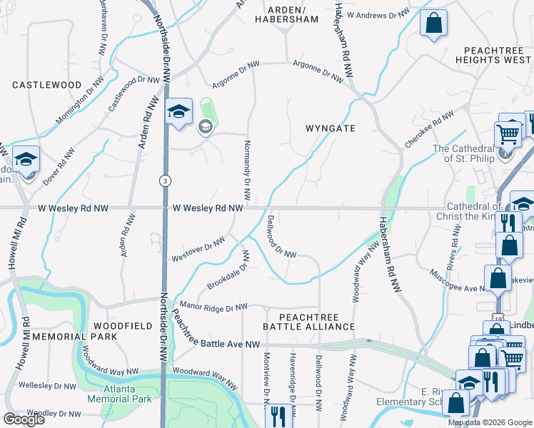 map of restaurants, bars, coffee shops, grocery stores, and more near 438 West Wesley Road Northwest in Atlanta