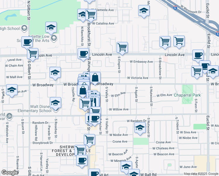 map of restaurants, bars, coffee shops, grocery stores, and more near 2125 West Valley Place in Anaheim