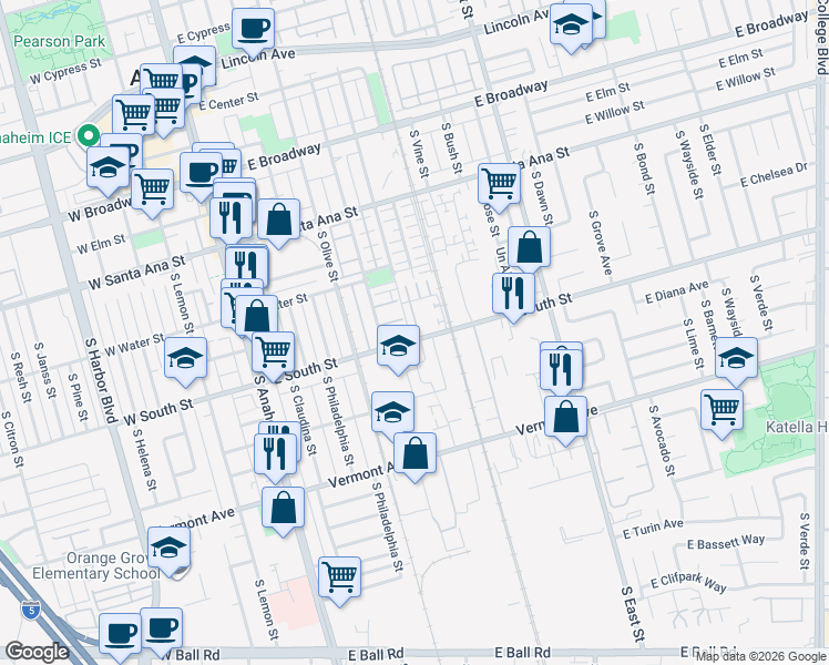 map of restaurants, bars, coffee shops, grocery stores, and more near 784 South Kroeger Street in Anaheim