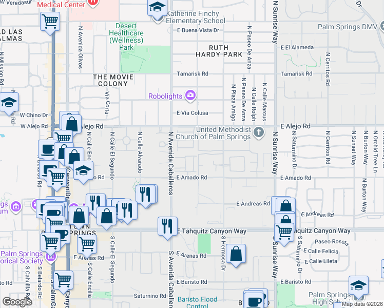 map of restaurants, bars, coffee shops, grocery stores, and more near 1054 Paz Drive in Palm Springs
