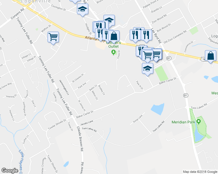 map of restaurants, bars, coffee shops, grocery stores, and more near 1100 Baltic Court in Loganville