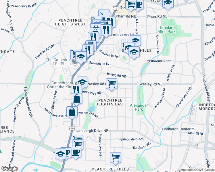 map of restaurants, bars, coffee shops, grocery stores, and more near 159 East Wesley Road Northeast in Atlanta