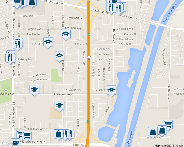 map of restaurants, bars, coffee shops, grocery stores, and more near 883 South Chantilly Street in Anaheim