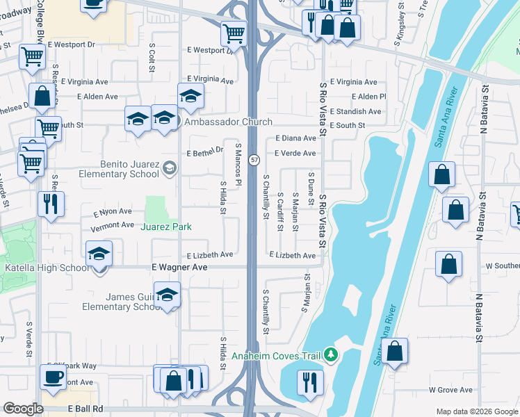 map of restaurants, bars, coffee shops, grocery stores, and more near 883 South Chantilly Street in Anaheim