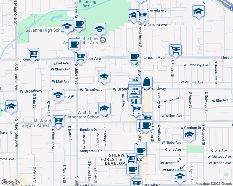 map of restaurants, bars, coffee shops, grocery stores, and more near 9301 Thistle Road in Anaheim
