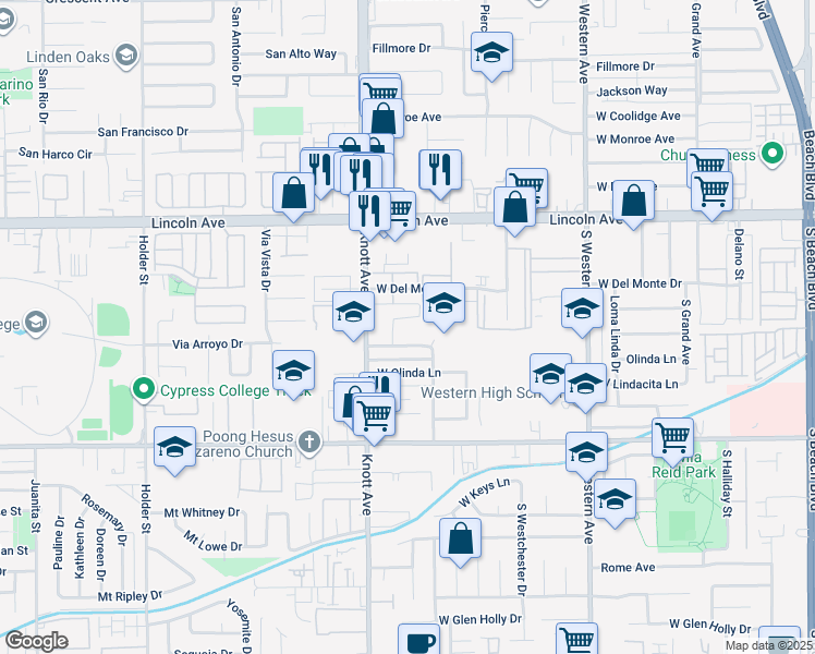 map of restaurants, bars, coffee shops, grocery stores, and more near 3419 West Danbrook Avenue in Anaheim