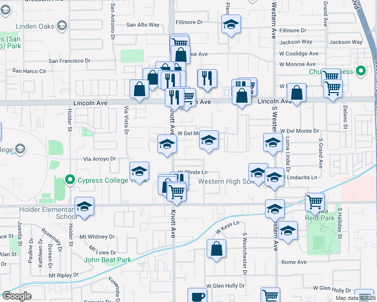 map of restaurants, bars, coffee shops, grocery stores, and more near 3426 West Canoga Place in Anaheim