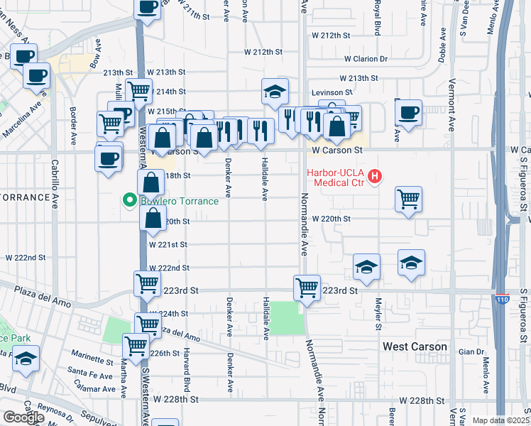 map of restaurants, bars, coffee shops, grocery stores, and more near 1409 West 220th Street in Torrance