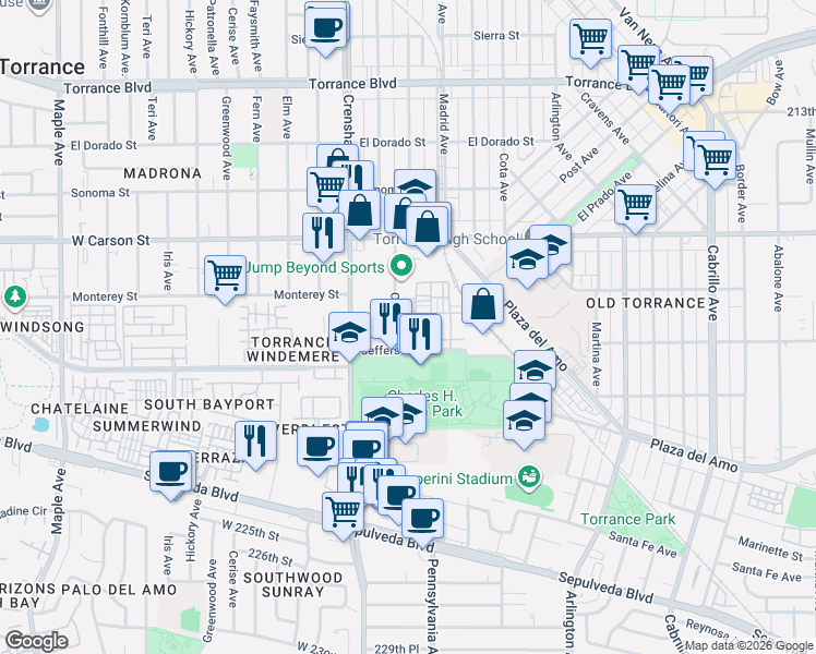 map of restaurants, bars, coffee shops, grocery stores, and more near 2349 Jefferson Street in Torrance
