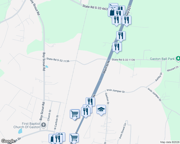 map of restaurants, bars, coffee shops, grocery stores, and more near 355 North Main Street in Gaston