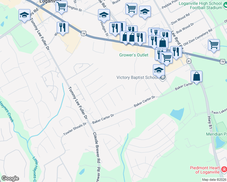 map of restaurants, bars, coffee shops, grocery stores, and more near 812 Bradley Circle in Loganville