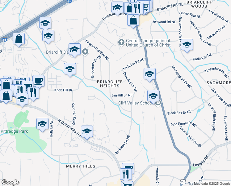 map of restaurants, bars, coffee shops, grocery stores, and more near 1830 Jan Hill Lane Northeast in Atlanta