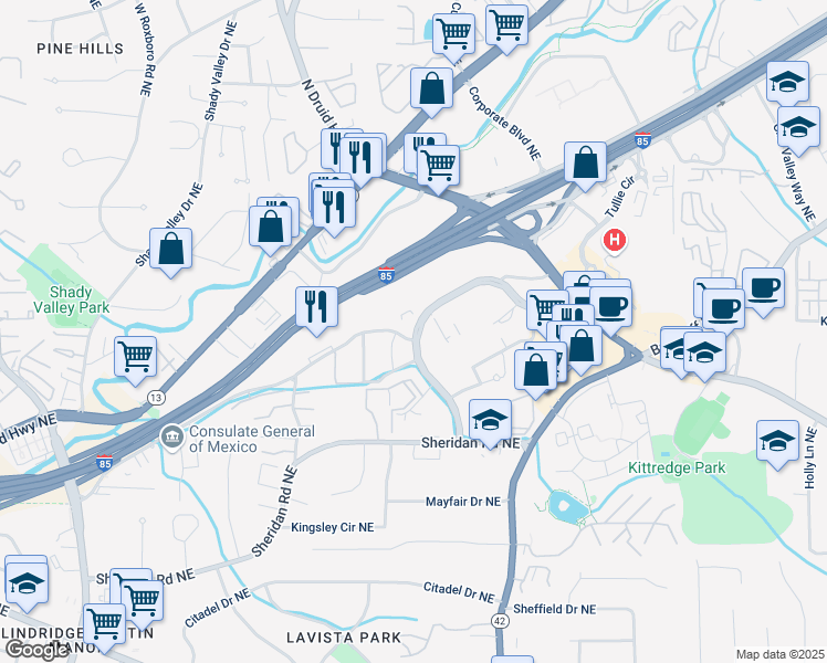 map of restaurants, bars, coffee shops, grocery stores, and more near 17 Executive Park Drive Northeast in Atlanta