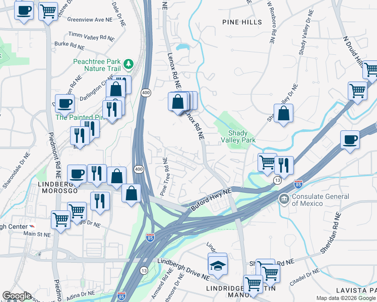 map of restaurants, bars, coffee shops, grocery stores, and more near 2601 Canterbury Trail in Atlanta
