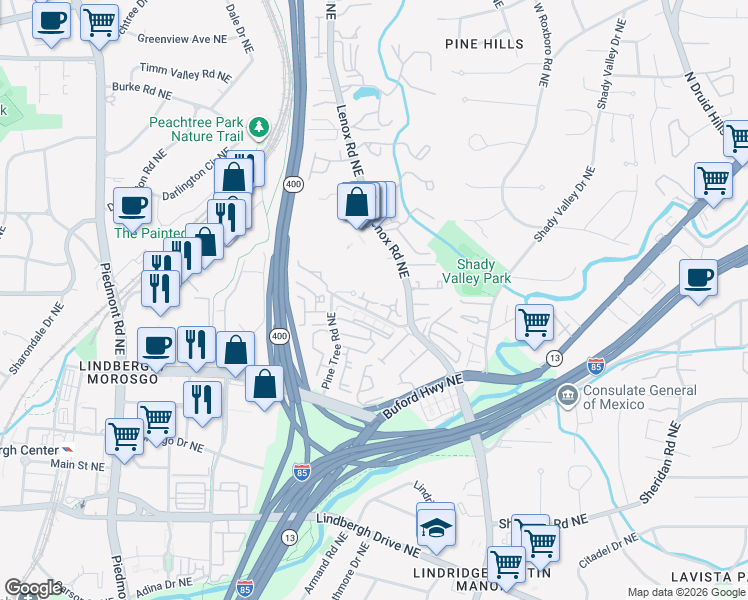 map of restaurants, bars, coffee shops, grocery stores, and more near 2605 Canterbury Trail in Atlanta