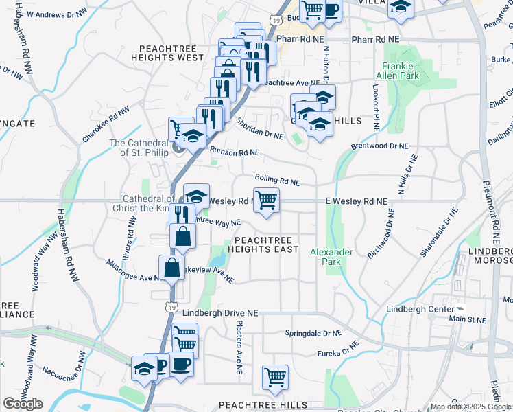 map of restaurants, bars, coffee shops, grocery stores, and more near 159 East Wesley Road Northeast in Atlanta
