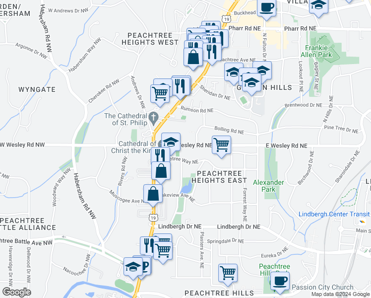 map of restaurants, bars, coffee shops, grocery stores, and more near 100 Peachtree Way Northeast in Atlanta
