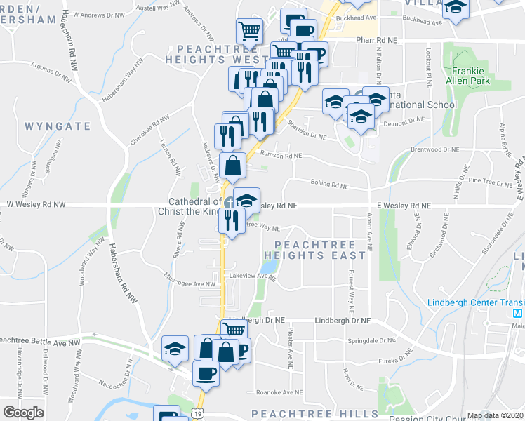map of restaurants, bars, coffee shops, grocery stores, and more near 58 Peachtree Way Northeast in Atlanta