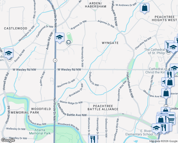 map of restaurants, bars, coffee shops, grocery stores, and more near 438 West Wesley Road Northwest in Atlanta