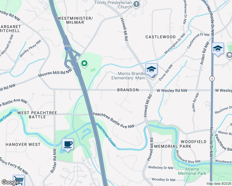 map of restaurants, bars, coffee shops, grocery stores, and more near 1010 West Wesley Road Northwest in Atlanta