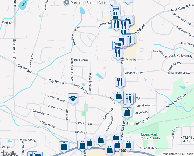 map of restaurants, bars, coffee shops, grocery stores, and more near 5184 Silhouette Lane Southwest in Mableton