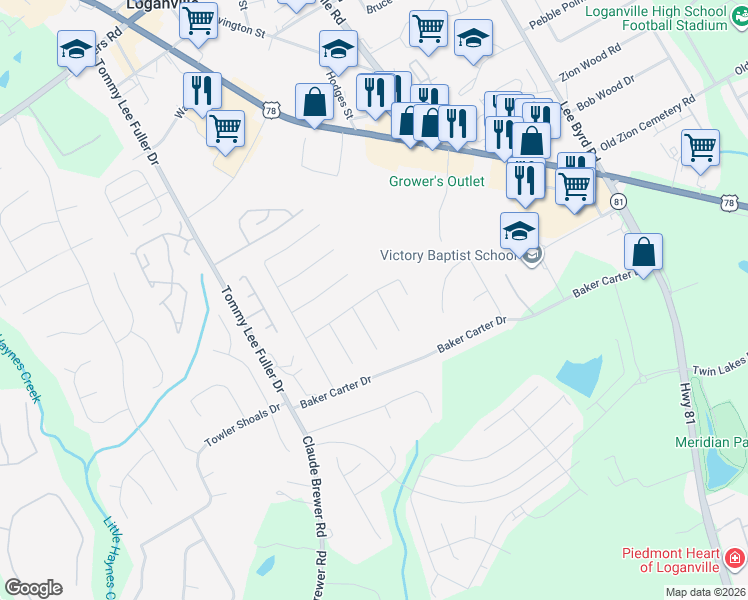 map of restaurants, bars, coffee shops, grocery stores, and more near 812 Bradley Circle in Loganville
