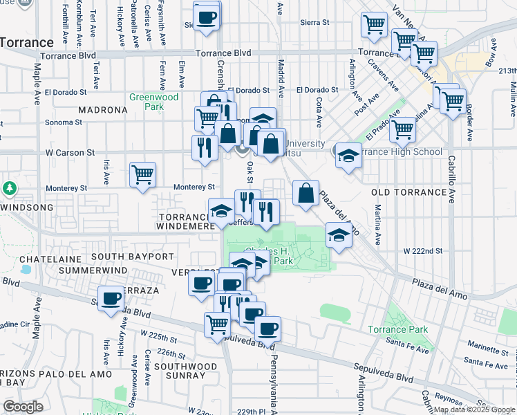 map of restaurants, bars, coffee shops, grocery stores, and more near in Torrance